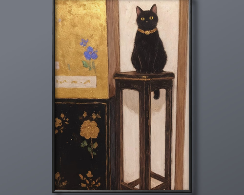 絵画。原画【椅子の上の黒猫がコーヒーを見た】 絵画。原画【黒猫は午後に本を読んだりコーヒーを飲んだりする