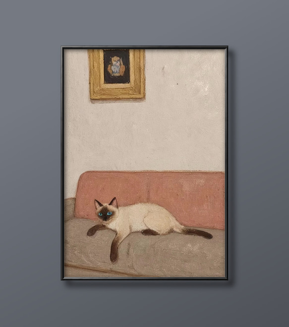 絵画。原画【シャム猫は週末にきれいで暖かい部屋を配置してからコーヒーを飲みます】 絵画 | イラストポスター 504☆ 【シャム猫は元気いっぱいだ