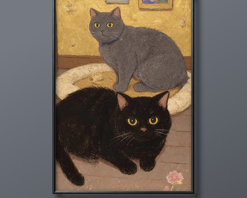 絵画。原画【3匹のかわいい黒猫がスカーフを結んで高級スイーツを食べている】 f06c4471c8912c5d0f3a1e6319de73