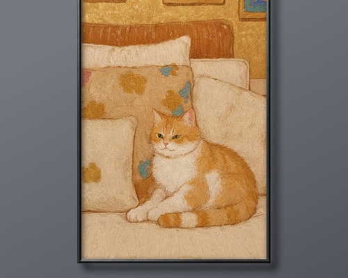 在庫処分セール テ 絵画 【ベッドで休んでいる橘猫ちゃん ☆ 35 イラストポスター | 絵画