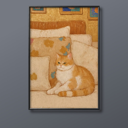 絵画。原画【可愛い橘猫ちゃん】 絵画 | イラストポスター 35 ☆ 【ベッドで休んでいる橘猫ちゃん