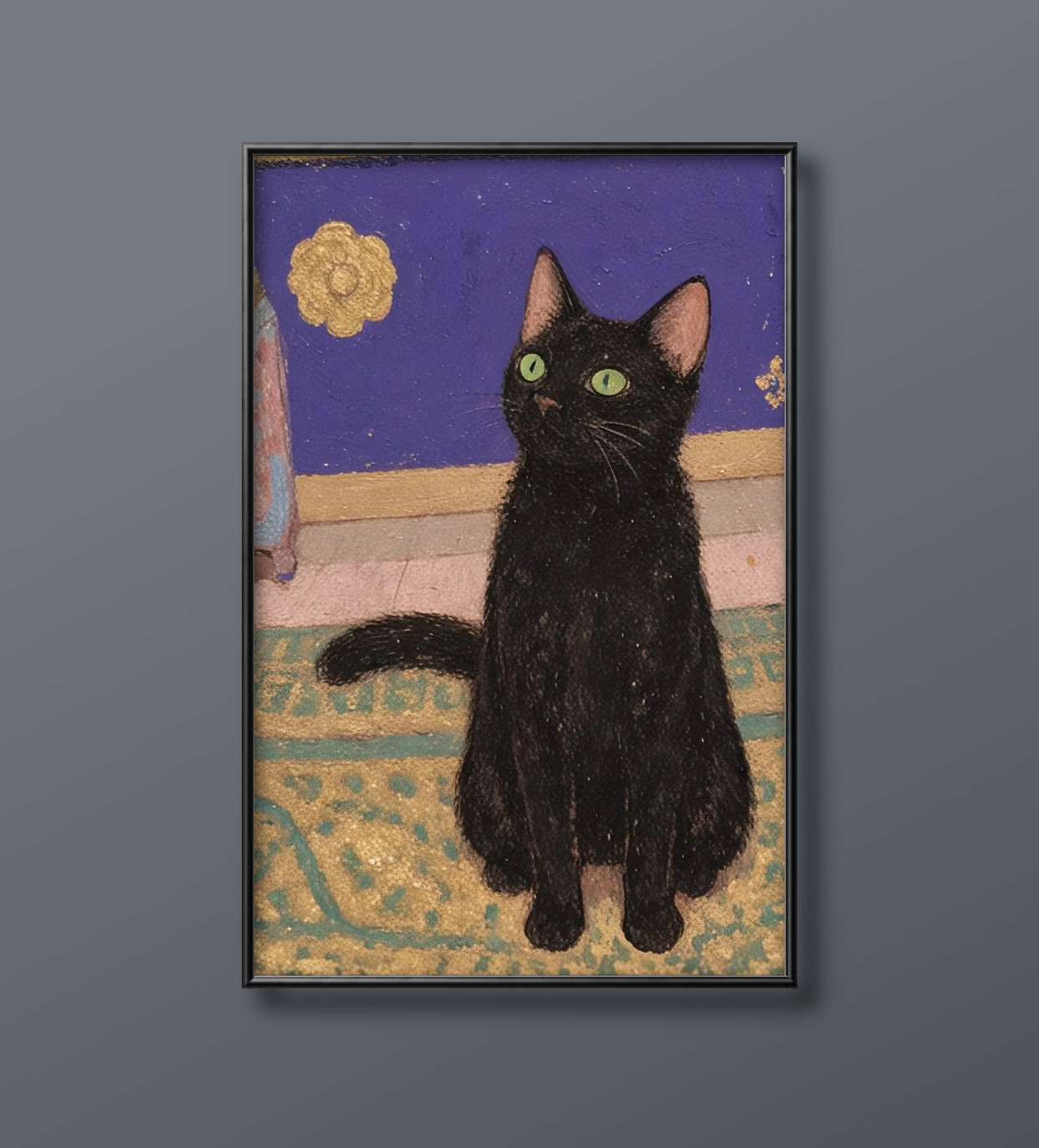 絵画 | イラストポスター 40 ☆ 【カーペットの上のかわいい黒猫ちゃん