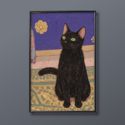 絵画 | イラストポスター 40 ☆ 【カーペットの上のかわいい黒猫ちゃん
