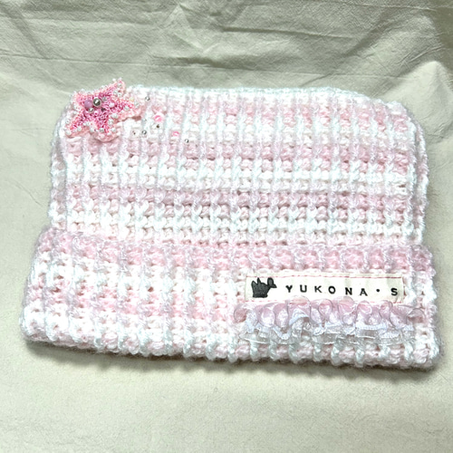ホワイトピンクのボーダーな猫耳ニット帽【Yukona's 】 ニット帽