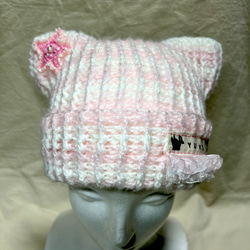 ホワイトピンクのボーダーな猫耳ニット帽【Yukona's 】 ニット帽