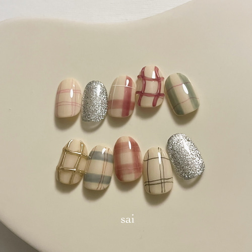ネイルチップ(no.69)イロイロチェックネイル ネイルチップ（つけ爪