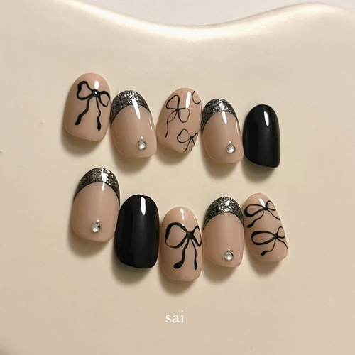 ネイルチップ オーダー 韓国 リボン ネイルチップ(no.72)韓国リボンネイル ネイルチップ（つけ爪） sai