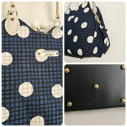 即納❗』チェック&ドット☆紺☆あおり付きがま口バッグ がま口 A-koo
