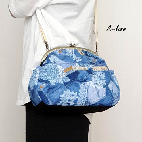 受注製作』デニム柄☆グレー☆がま口ショルダーバッグ ショルダー