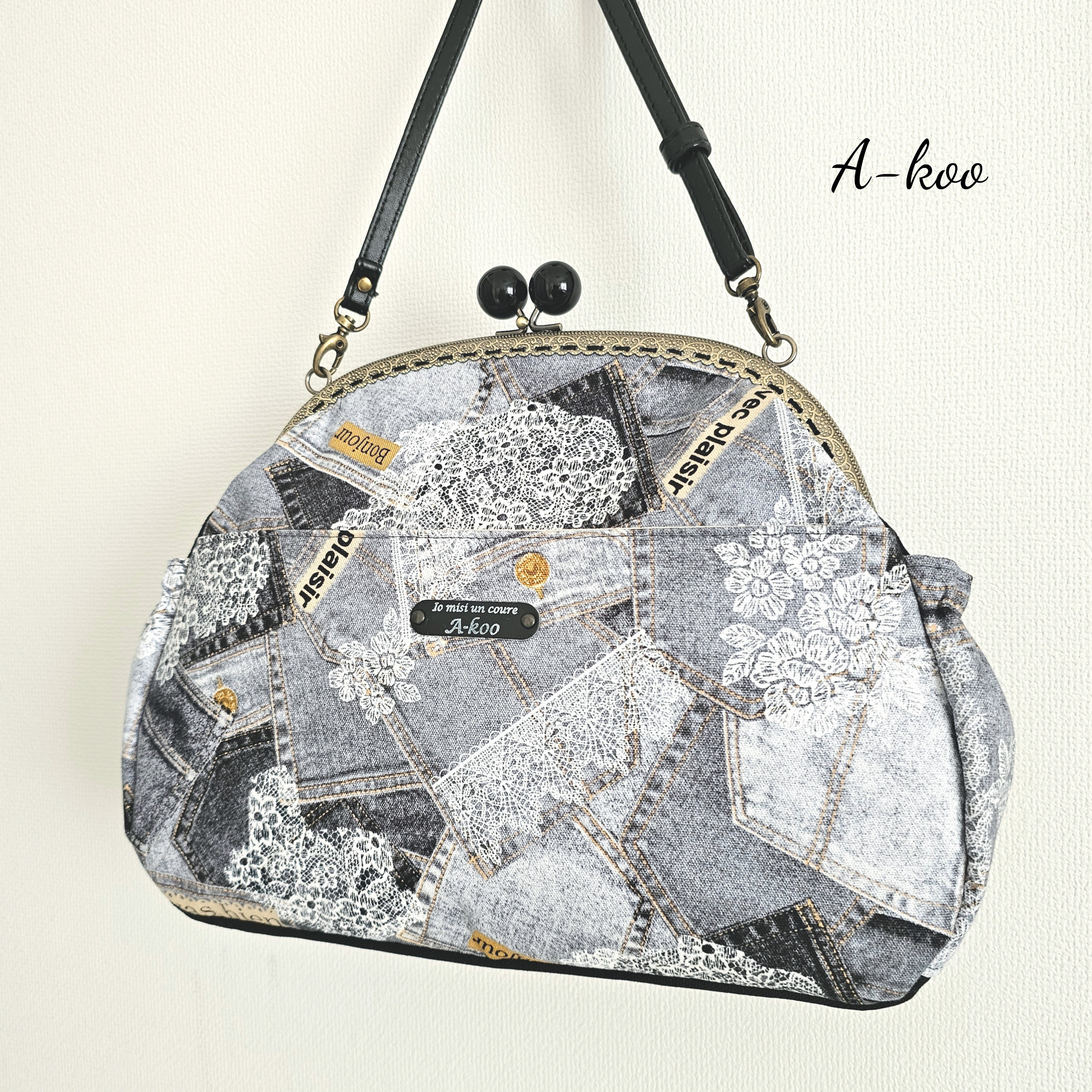 A-koo『受注製作』デニム柄☆グレー☆がま口ショルダーバッグ 受注製作』デニム柄☆グレー☆がま口ショルダーバッグ ショルダー