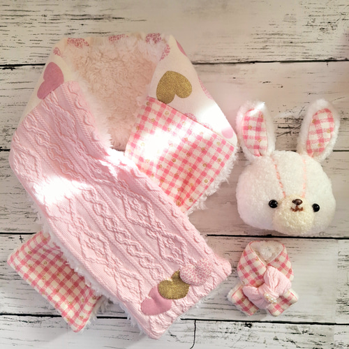 受注製作】♡冬支度♡うさぎ リバーシブルマフラー ピンク系パッチ