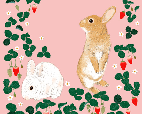 アートキャンバス 30×30 うさぎと苺 イラスト minamin 通販 18471290