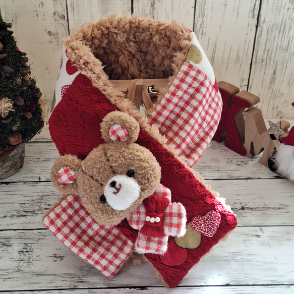 ☆冬支度☆くま マフラー ぬいぐるみアップリケ#ブローチ 取り外し可能