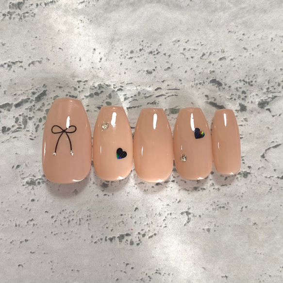 ネイルチップ ワンカラー リボン ハート 1枚目の画像