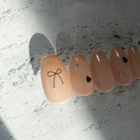 ネイルチップ ワンカラー リボン ハート 2枚目の画像