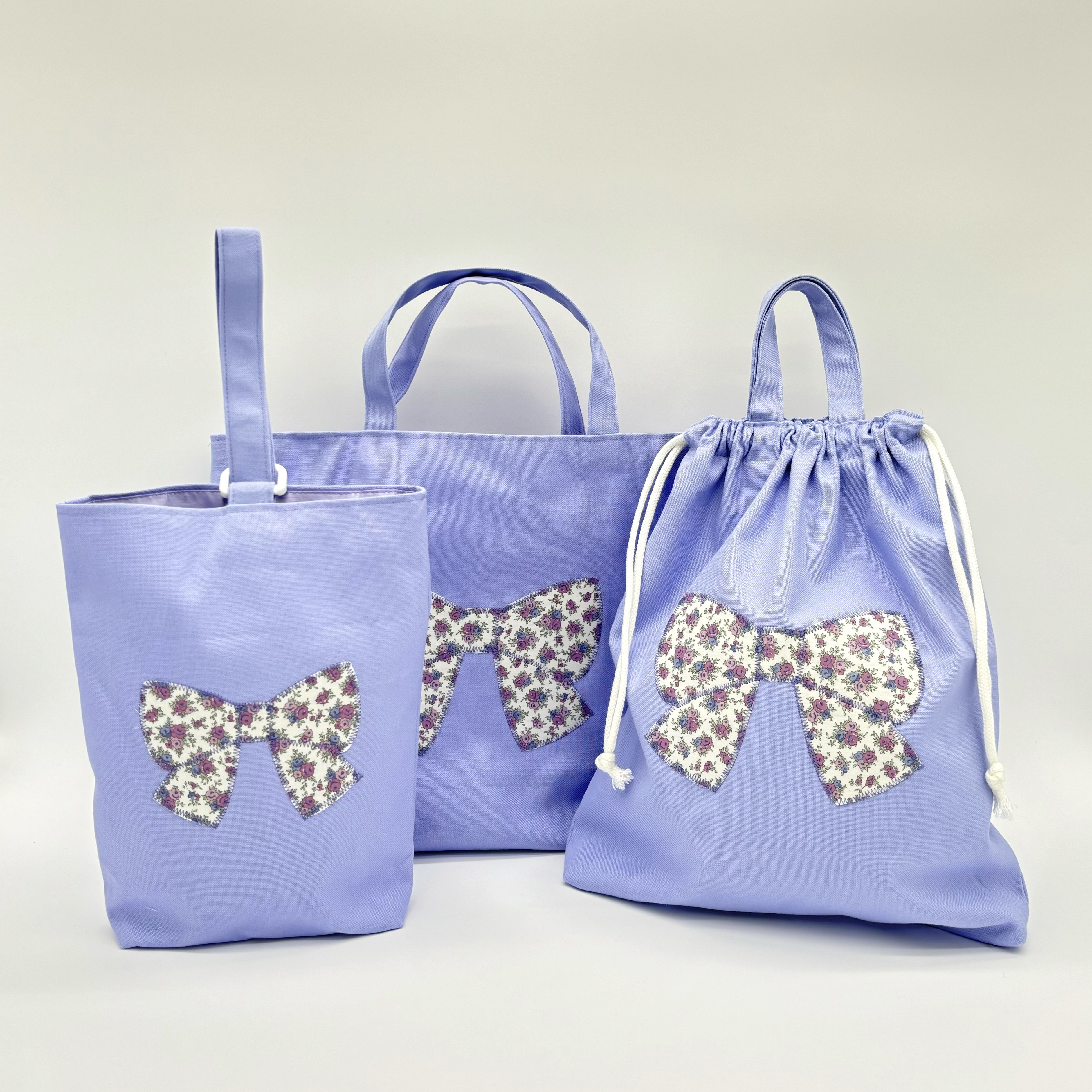 ●大きなリボンの通園通学3点セット/ラベンダー/上履き入れ 体操着袋 レッスンバッグ
