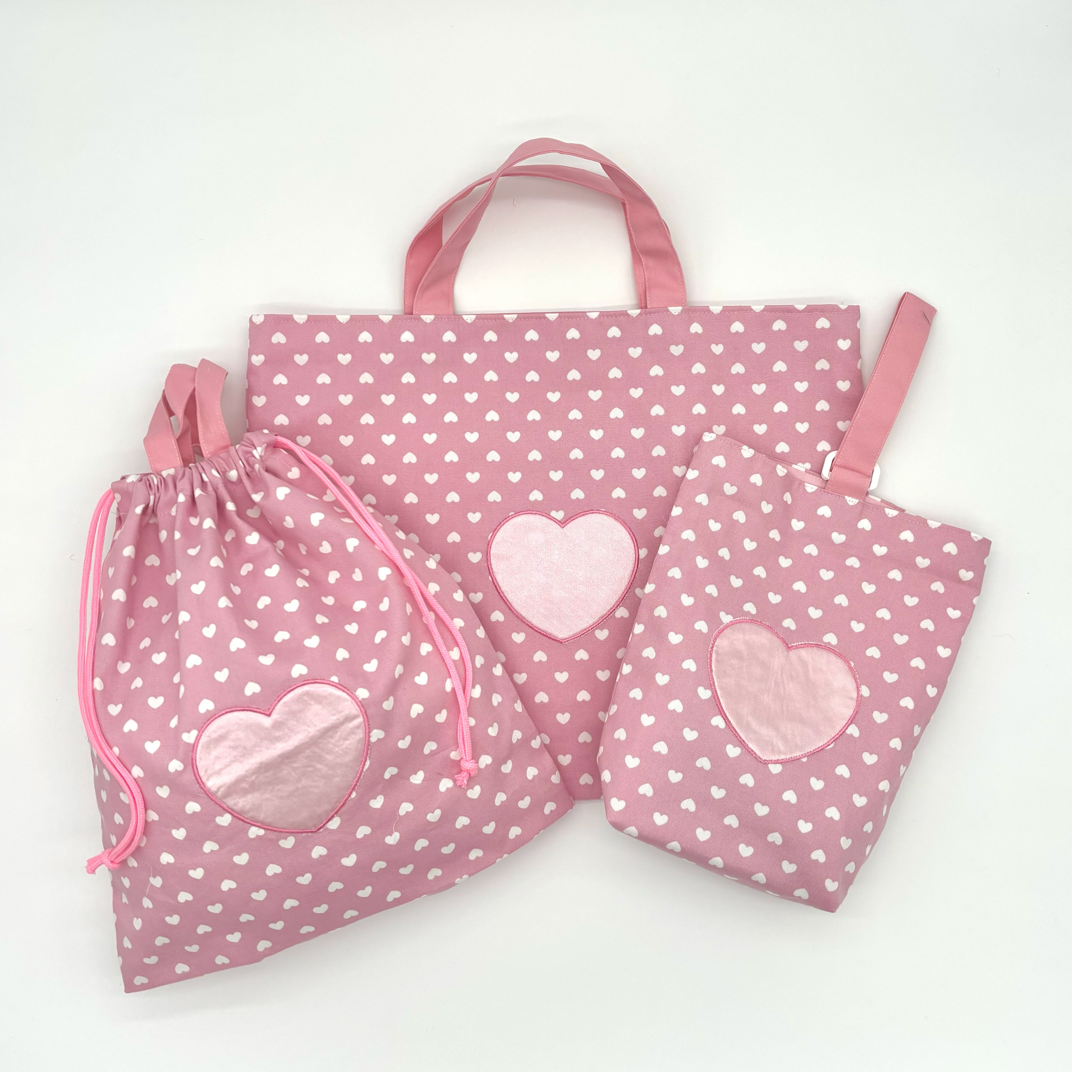 ●ハートがいっぱい♡通園通学3点セット/薄ピンク/上履き入れ 体操着袋 レッスンバッグ