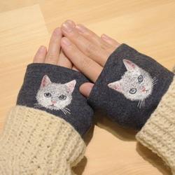 【白貓】貓咪刺繡臂套，日本製，100%羊毛，禮品 第5張的照片