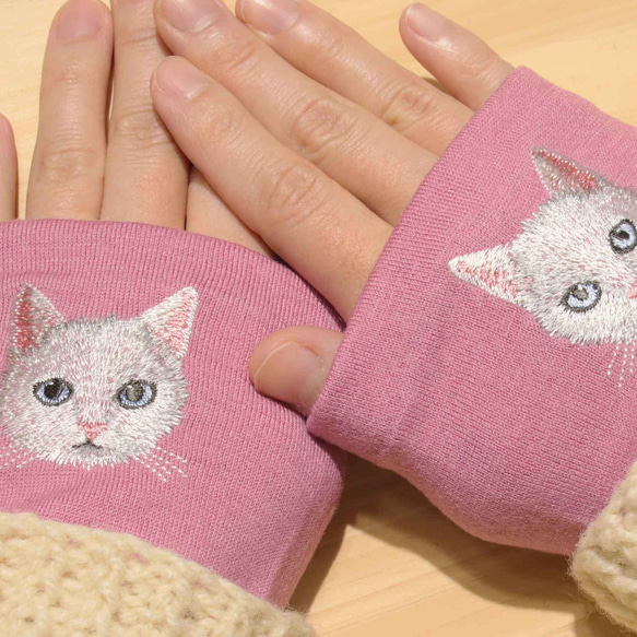 【白貓】貓咪刺繡臂套，日本製，100%羊毛，禮品 第1張的照片