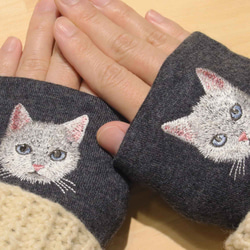 【白貓】貓咪刺繡臂套，日本製，100%羊毛，禮品 第4張的照片