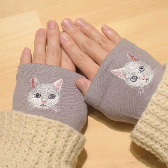 【白貓】貓咪刺繡臂套，日本製，100%羊毛，禮品 第7張的照片