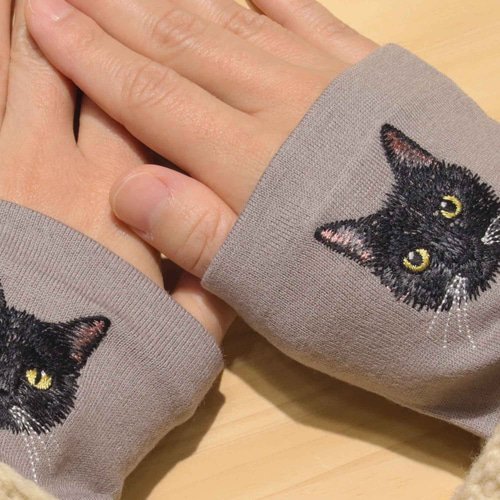 黒猫】猫刺繍 アームウォーマ 日本製 ウール100％ ギフト 手袋・ミトン