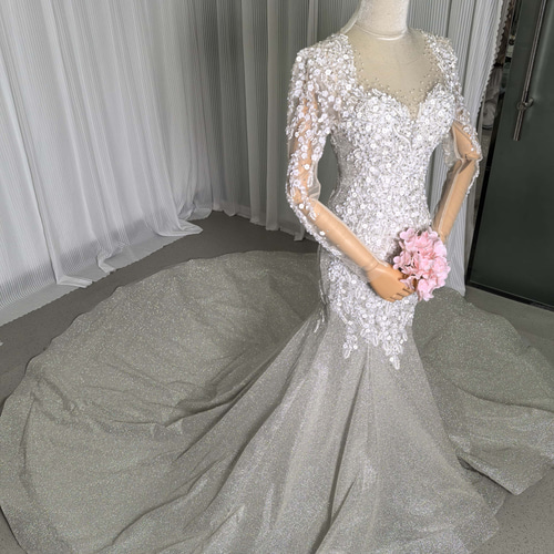 送料無料！ウエディングドレス 韓国風ドレス グリッタードレス 半袖