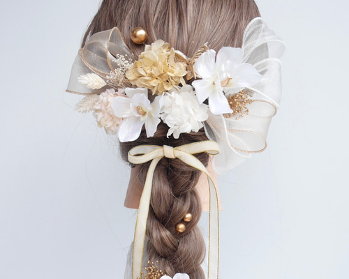 A046 白ゴールド シンビジウム ドライフラワー リボン 髪飾り 成人式