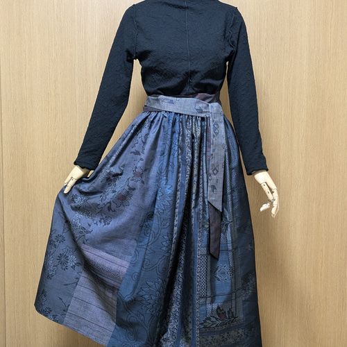SOLD 着物リメイク ギャザースカート 大島紬 M〜L ロングスカート  