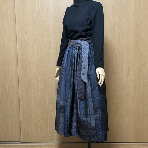SOLD 着物リメイク ギャザースカート 大島紬 M〜L ロングスカート