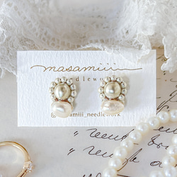 淡水パールとヴィンテージビーズの ビーズ刺繍ピアス/イヤリング