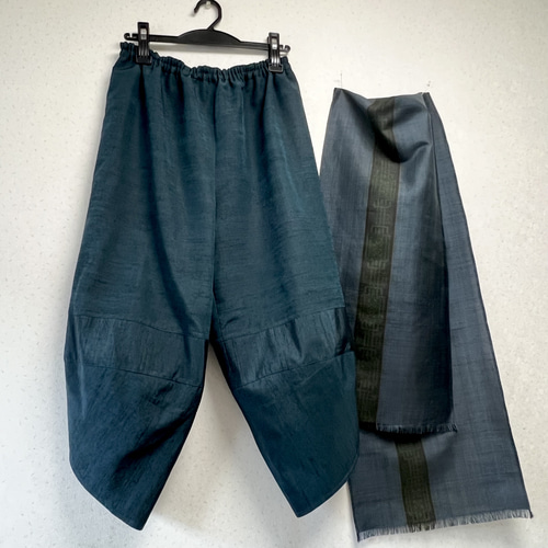 紬＊サルエルパンツ＋ストール＊裏地付き＊着物リメイク
