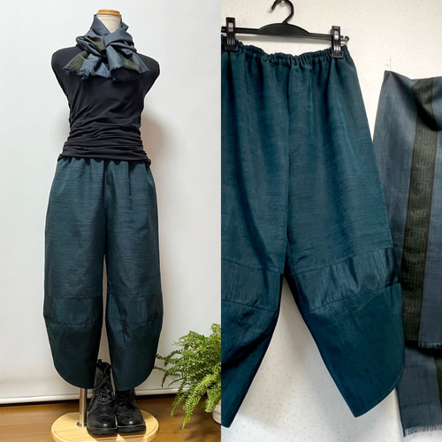 紬*サルエルパンツ+ストール*裏地付き*着物リメイク 紬*サルエルパンツ+ストール*裏地付き*着物リメイク