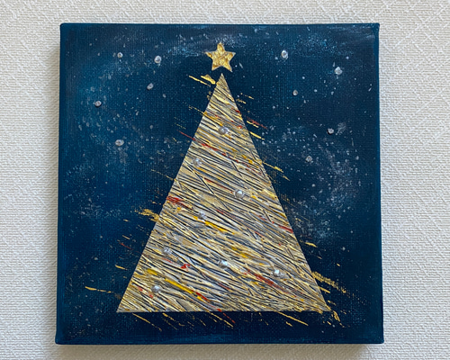 ゴールドに輝くクリスマスツリー テクスチャーアート 絵画