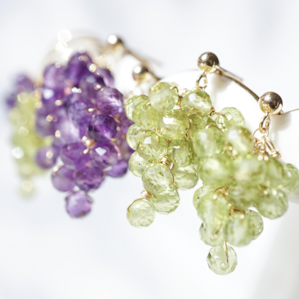 【選べる天然石】ピアス イヤリング ペリドット アメジスト フルーツ ぶどう マスカット 誕生石 紫 緑 アレルギー対応