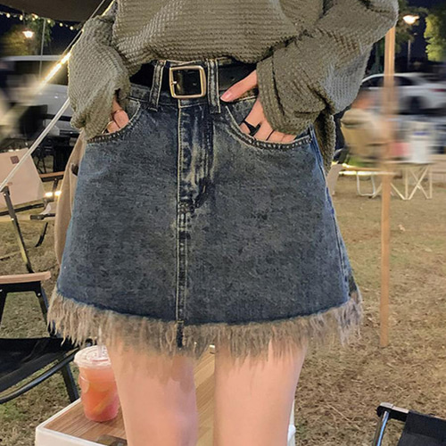レディース 春夏 秋 新品 Aラインミニスカート デニム 切りっ