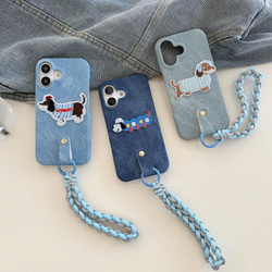 可愛い 犬 刺繍 iphone16 15 14 13 12 ケース 編み ストラップ デニム