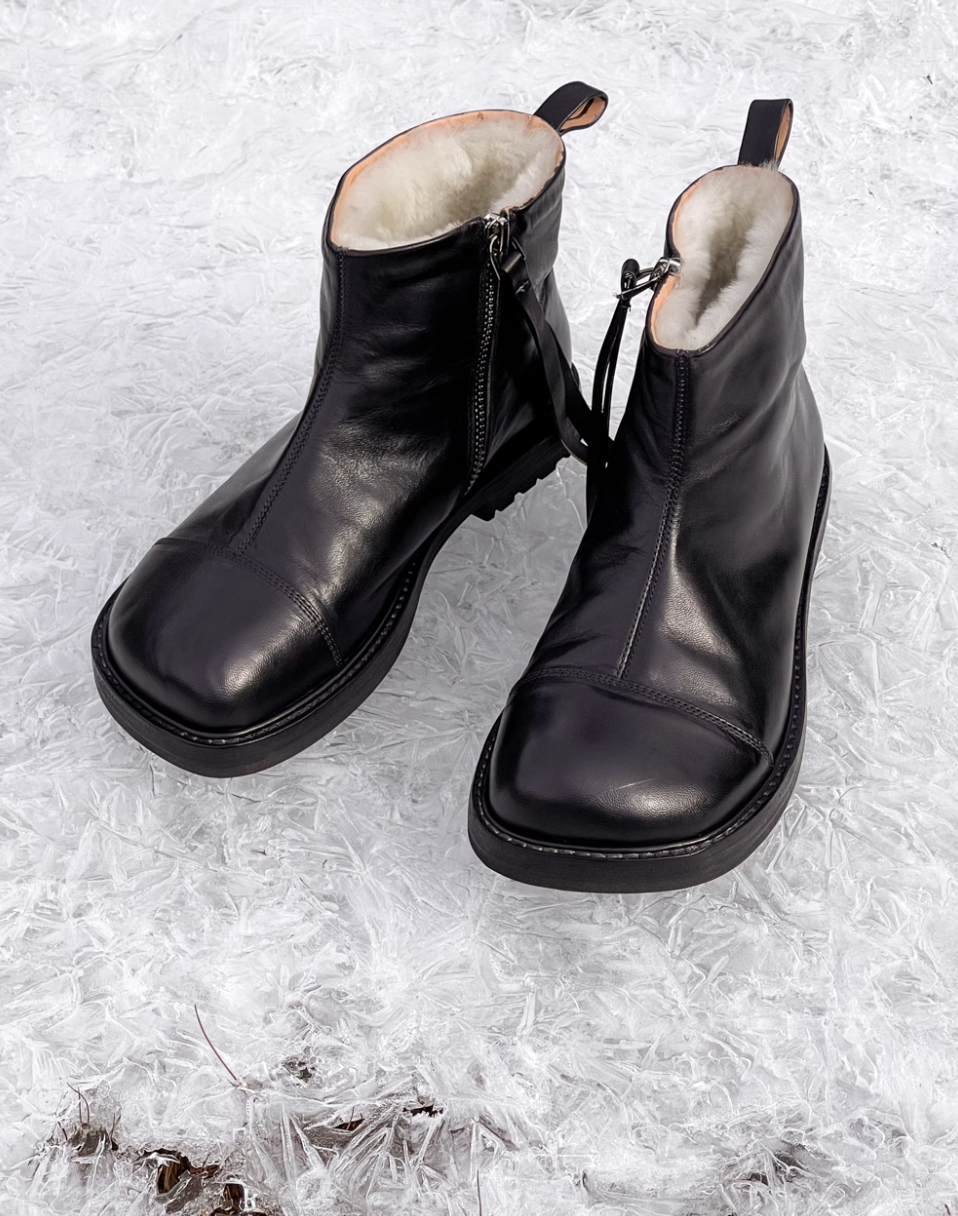 本革ハンドメイド暖かい冬ホースハイドウールスノーブーツブラック