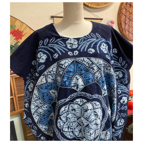 藍染絞りの刺し子ワンピース ハンドメイド ワンピース 着物リメイク 
