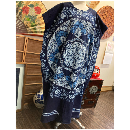 藍染絞りの刺し子ワンピース ハンドメイド ワンピース 着物リメイク 