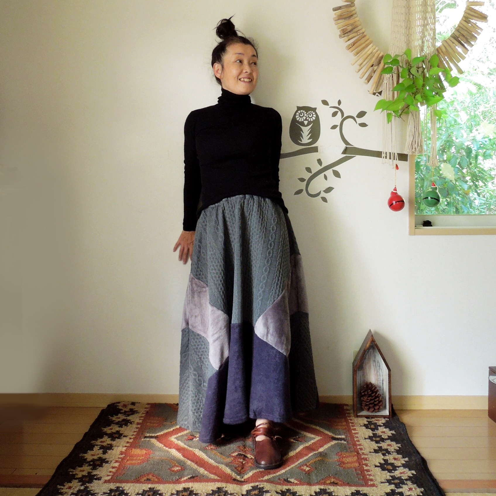 【SALE】ふわふわパッチワークスカート●グレー