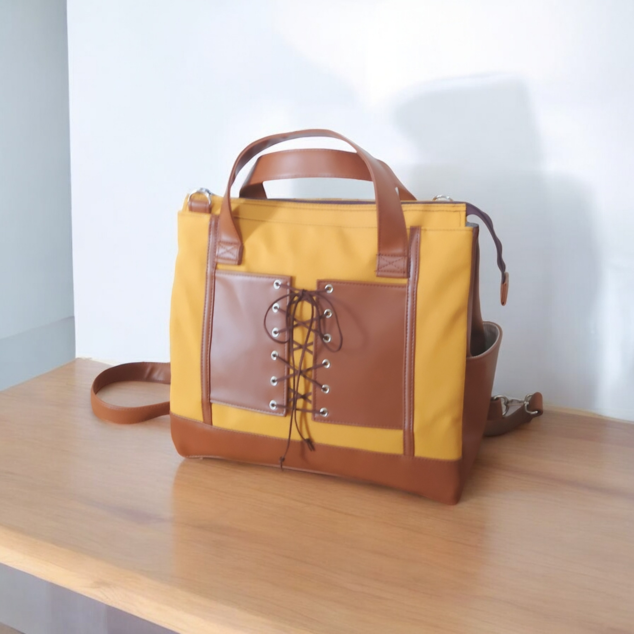 4wayマスタード8号帆布とモカチャ合皮の編み上げ四角いリュック＋バック（大）(横型）（受注製作）