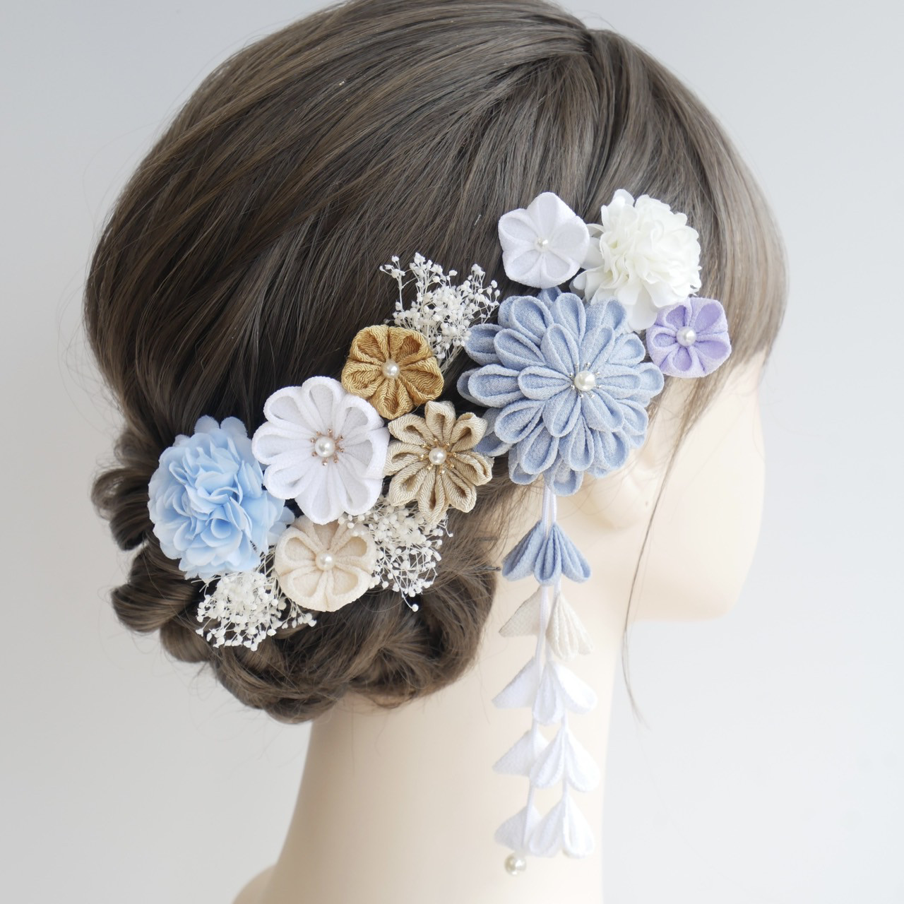 A403 七五三の髪飾り　つまみ細工 くすみブルー　七五三　ゆかた　成人式　前撮り　パープル
