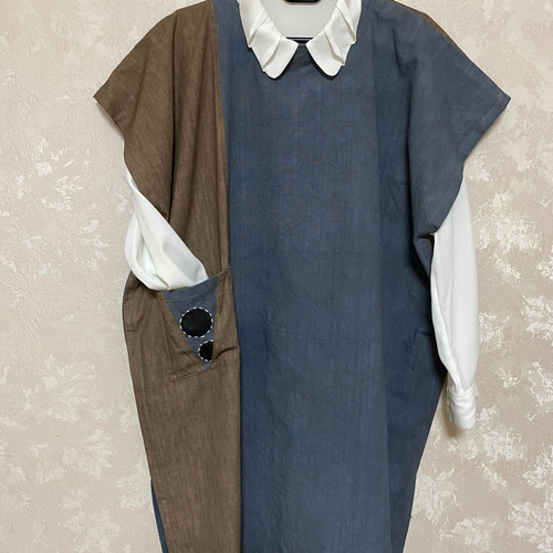 218.黒染めと柿渋染めのチュニック(襟はVネックとラウンド)刺し子、型