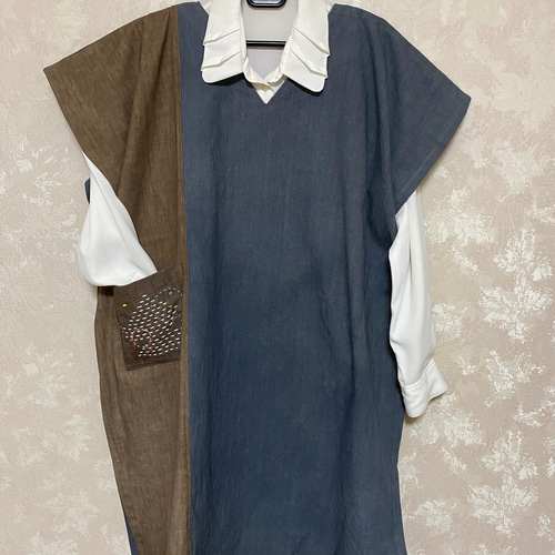 古布印半纏から柿渋染めフレンチ袖のチュニック　濃紺 古布印半纏から柿渋染めフレンチ袖のチュニック 濃紺