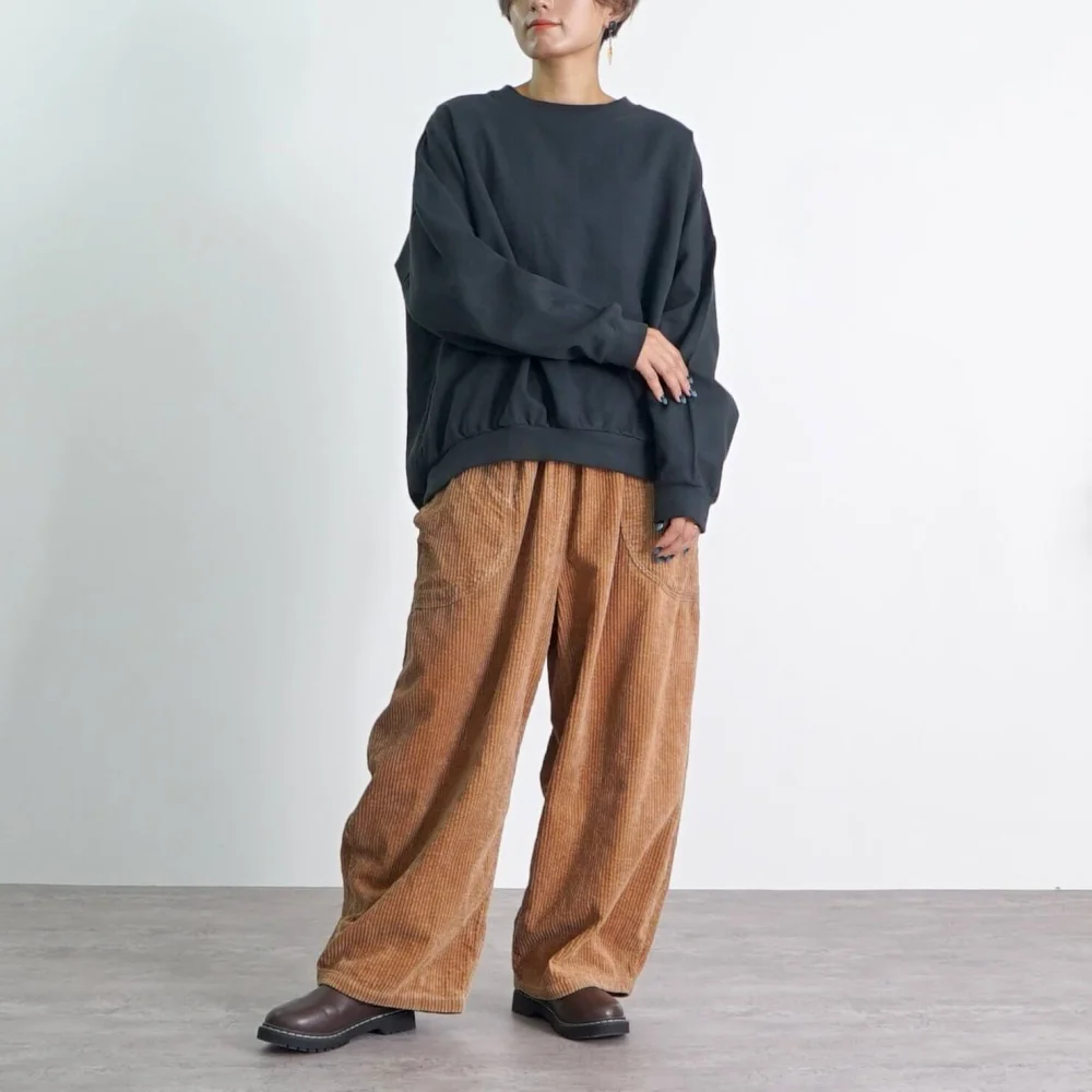 【福袋】刺し子織ラウンドトレーナー/ブラック＋コーデュロイバルーンパンツ/ブラウン