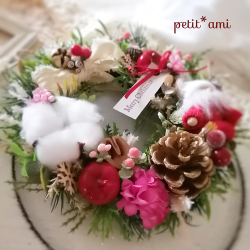 早割10％OFF】サンタのクリスマスリース♡北欧.コットンフラワー