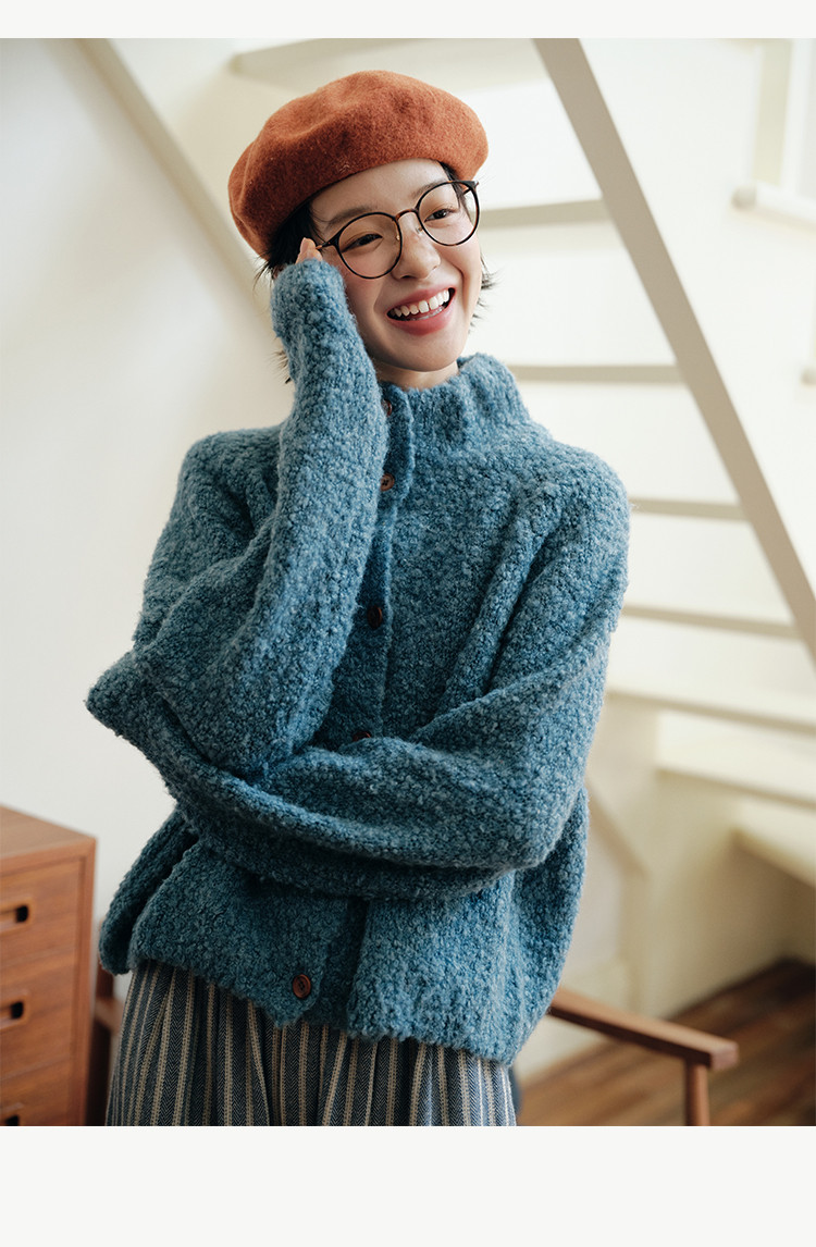 ウール混紡ハイネックショートジャケット 長袖 女性 秋冬 6822