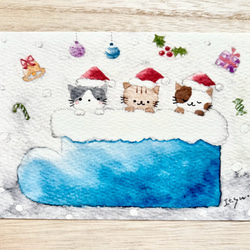 色鉛筆画 A4.猫 クリスマス 絵画 - 絵画