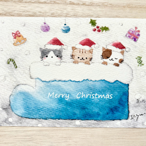 色鉛筆画 A4.猫 クリスマス 絵画 - 絵画